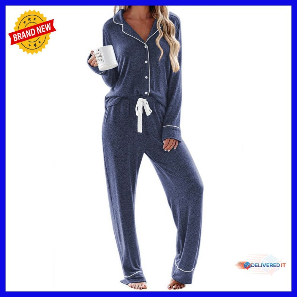 Soft Long Sleeve Pajama Set Loungewear Button Down Sleepwear S-Xxl